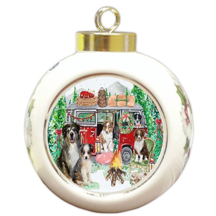 Christmas Time Camping with Australian Shepherd Dogs Round Ball Christmas Ornament Pet Decorative Hanging Ornaments for Christmas X-mas Tree Decorations - 3" Round Ceramic Ornament