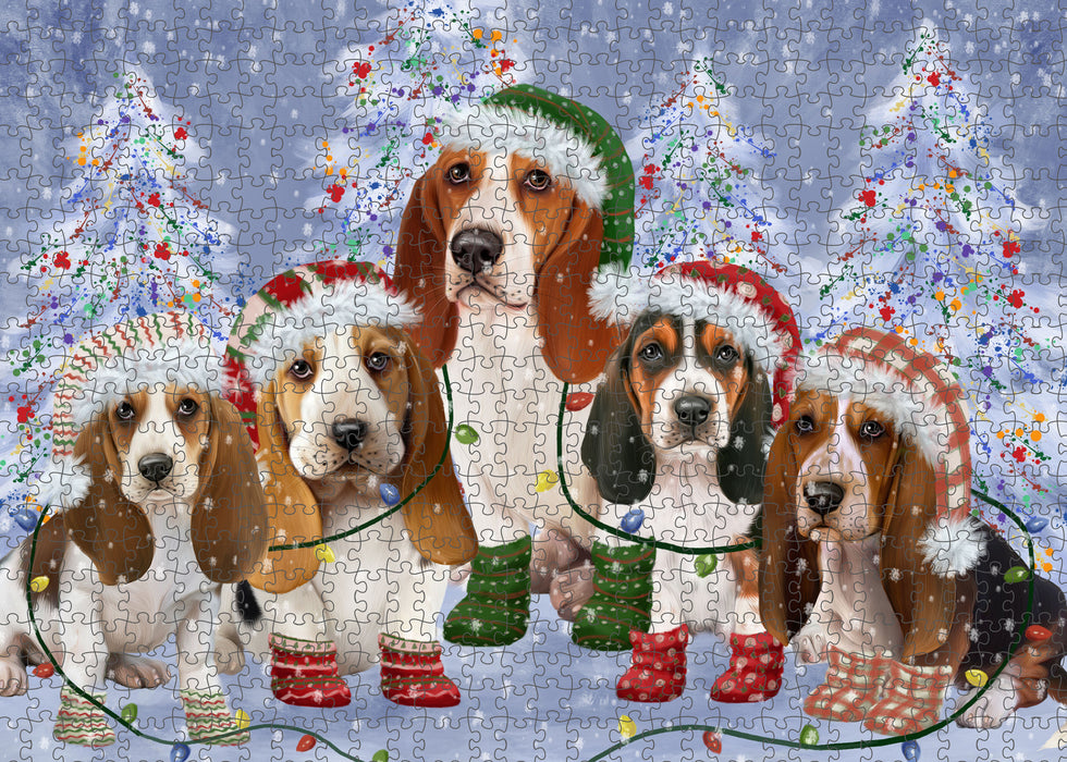 Christmas Lights and Basset Hound Dogs Portrait Jigsaw Puzzle for Adults Animal Interlocking Puzzle Game Unique Gift for Dog Lover's with Metal Tin Box