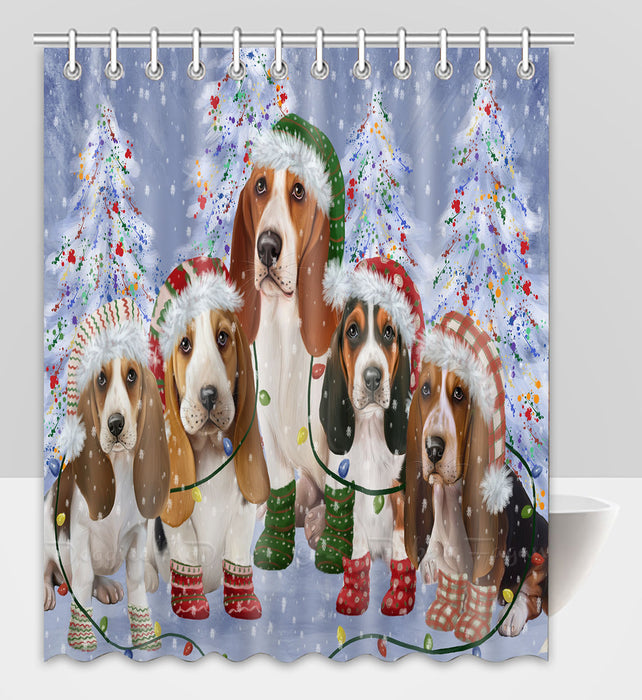 Christmas Lights and Basset Hound Dogs Shower Curtain Pet Painting Bathtub Curtain Waterproof Polyester One-Side Printing Decor Bath Tub Curtain for Bathroom with Hooks