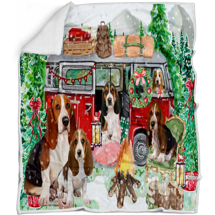 Christmas Time Camping with Basset Hound Dogs Blanket - Lightweight Soft Cozy and Durable Bed Blanket - Animal Theme Fuzzy Blanket for Sofa Couch