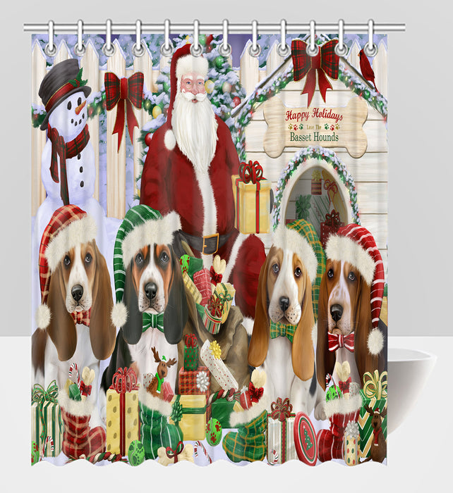 Happy Holidays Christmas Basset Hound Dogs House Gathering Shower Curtain
