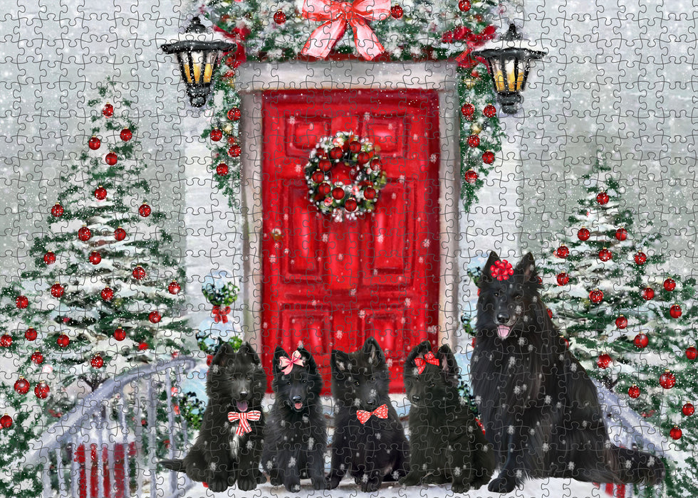 Christmas Holiday Welcome Belgian Shepherd Dogs Portrait Jigsaw Puzzle for Adults Animal Interlocking Puzzle Game Unique Gift for Dog Lover's with Metal Tin Box