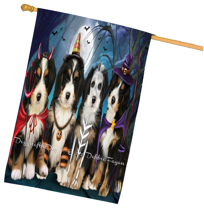 Halloween Trick or Treat Bernedoodle Dogs House Flag Outdoor Decorative Double Sided Pet Portrait Weather Resistant Premium Quality Animal Printed Home Decorative Flags 100% Polyester