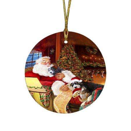 Bernedoodlle Dog and Puppies Sleeping with Santa Round Christmas Ornament D399