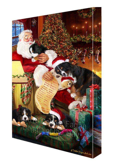 Bernese Mountain Dog and Puppies Sleeping with Santa Painting Printed on Canvas Wall Art