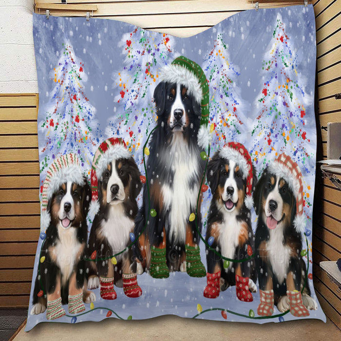Christmas Lights and Bernese Mountain Dogs  Quilt Bed Coverlet Bedspread - Pets Comforter Unique One-side Animal Printing - Soft Lightweight Durable Washable Polyester Quilt
