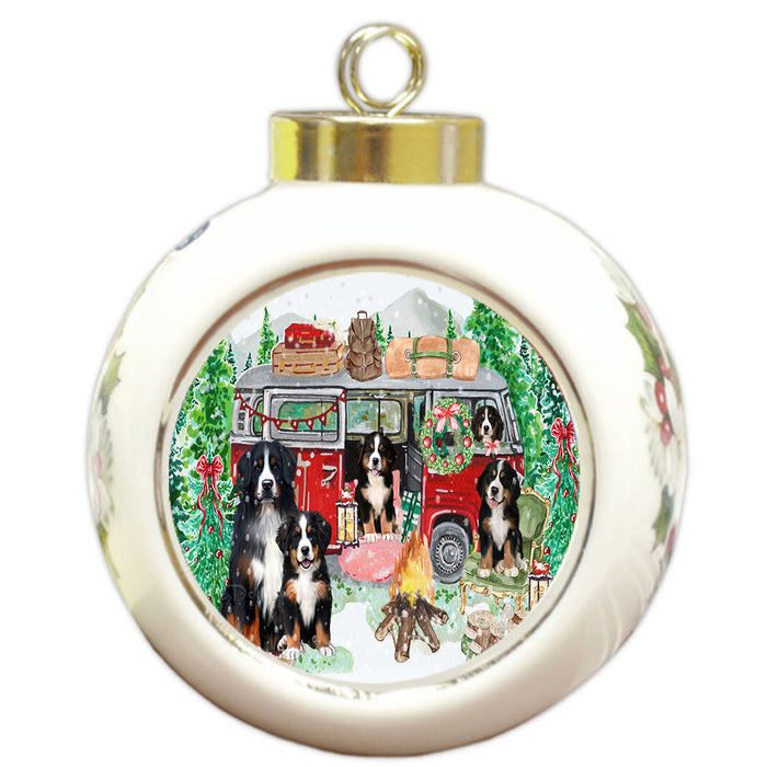 Christmas Time Camping with Bernese Mountain Dogs Round Ball Christmas Ornament Pet Decorative Hanging Ornaments for Christmas X-mas Tree Decorations - 3" Round Ceramic Ornament