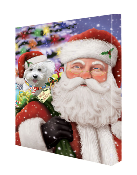 Christmas Santa with Presents and Bichon Frise Dog Canvas Wall Art - Premium Quality Ready to Hang Room Decor Wall Art Canvas - Unique Animal Printed Digital Painting for Decoration