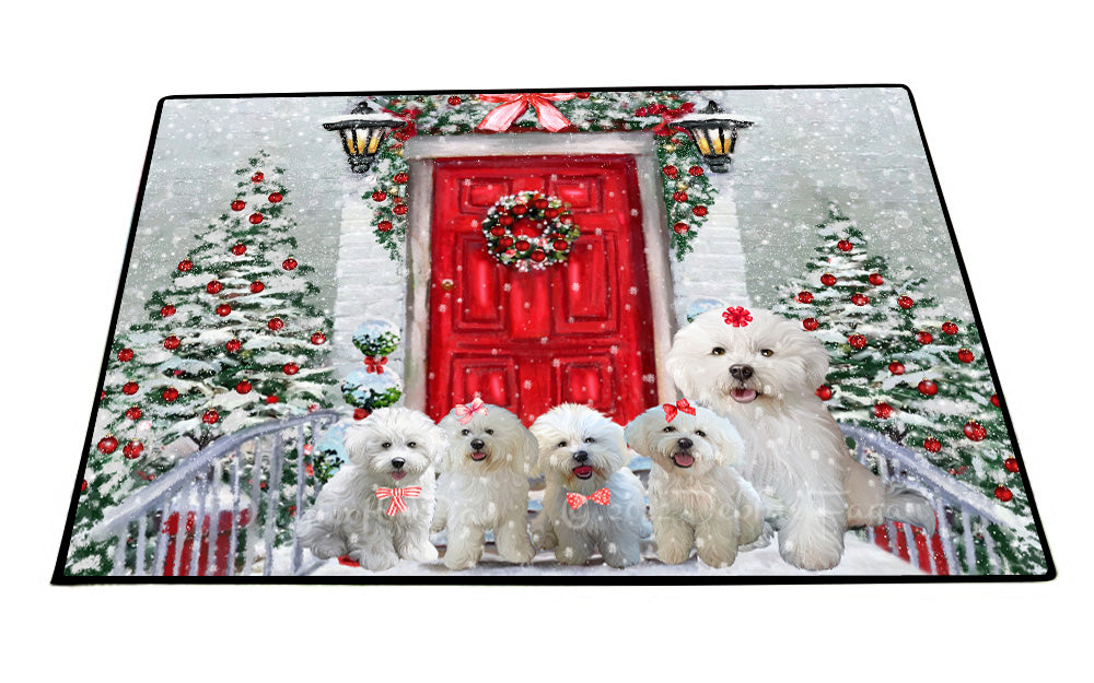 Christmas Holiday Welcome Bichon Frise Dogs Floor Mat- Anti-Slip Pet Door Mat Indoor Outdoor Front Rug Mats for Home Outside Entrance Pets Portrait Unique Rug Washable Premium Quality Mat