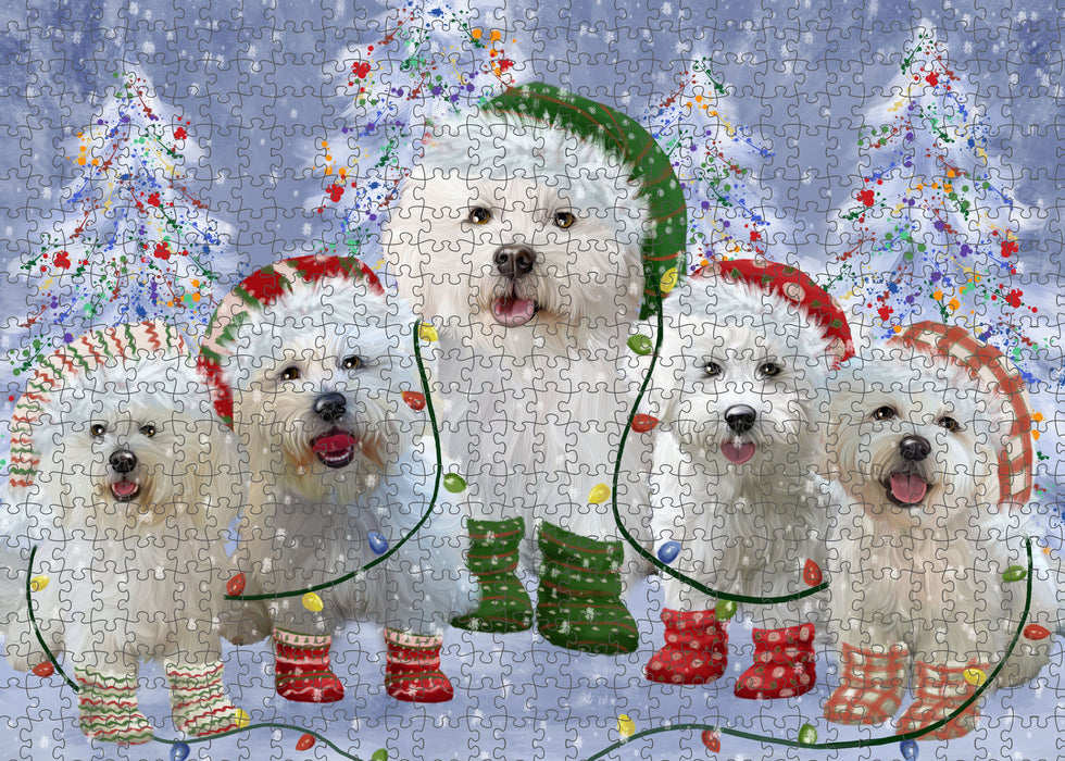 Christmas Lights and Bichon Frise Dogs Portrait Jigsaw Puzzle for Adults Animal Interlocking Puzzle Game Unique Gift for Dog Lover's with Metal Tin Box