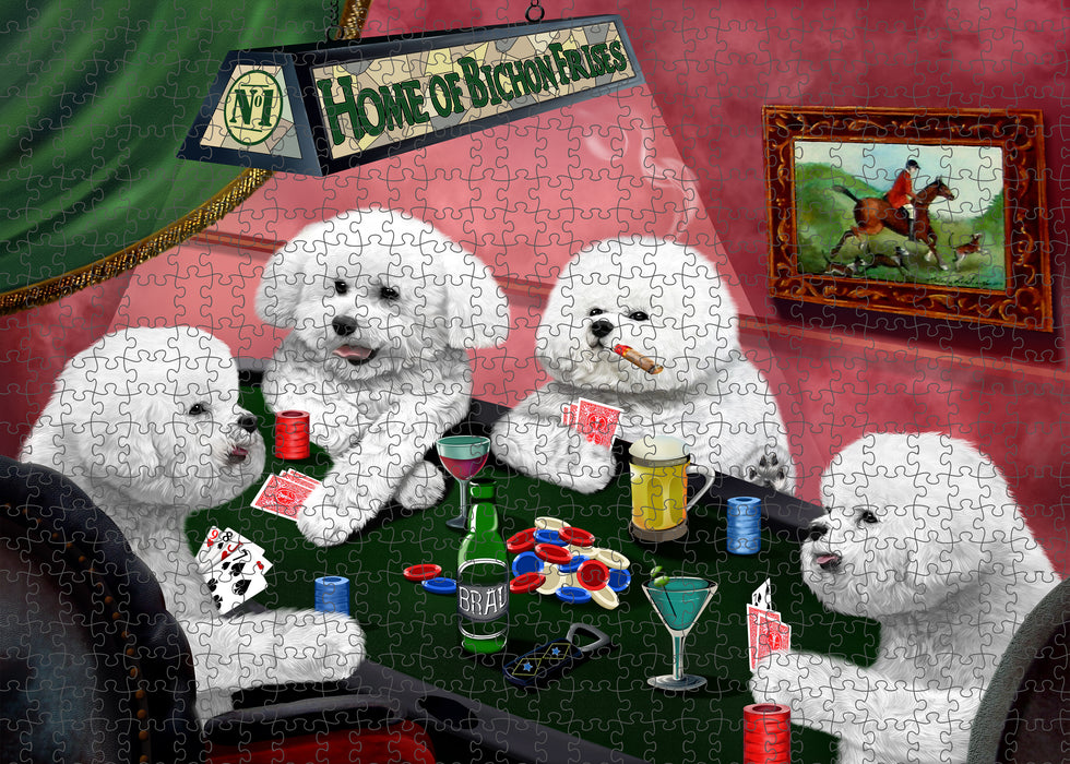 Home of Poker Playing Bichon Frise Dogs Portrait Jigsaw Puzzle for Adults Animal Interlocking Puzzle Game Unique Gift for Dog Lover's with Metal Tin Box