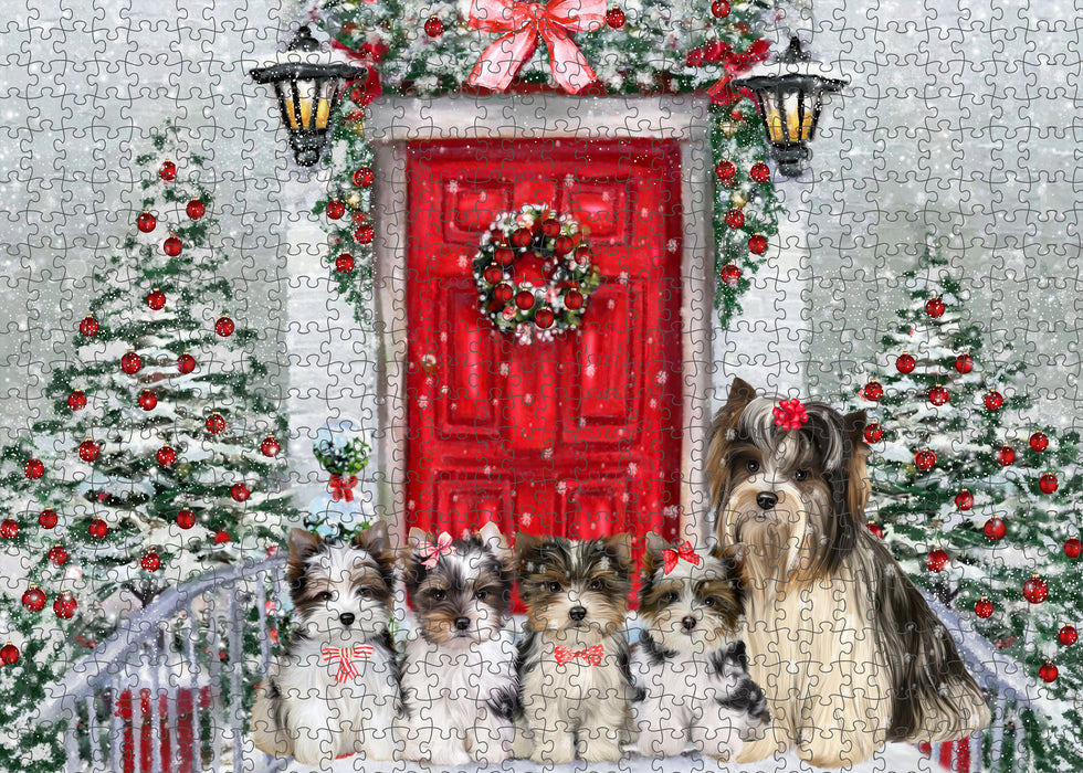 Christmas Holiday Welcome Biewer Dogs Portrait Jigsaw Puzzle for Adults Animal Interlocking Puzzle Game Unique Gift for Dog Lover's with Metal Tin Box