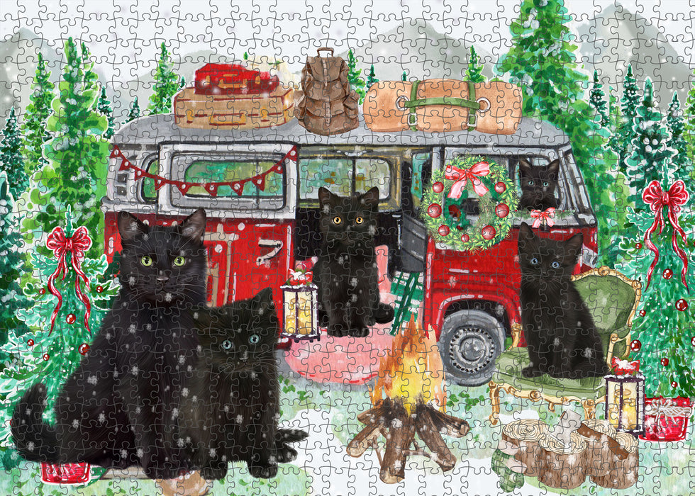 Christmas Time Camping with Black Cats Portrait Jigsaw Puzzle for Adults Animal Interlocking Puzzle Game Unique Gift for Dog Lover's with Metal Tin Box