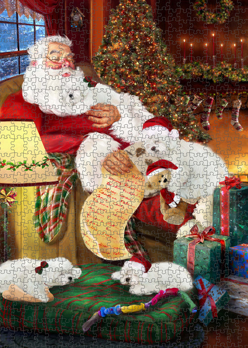 Santa Sleeping with Bolognese Dogs Portrait Jigsaw Puzzle for Adults Animal Interlocking Puzzle Game Unique Gift for Dog Lover's with Metal Tin Box