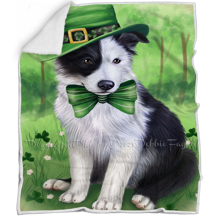 St. Patricks Day Irish Portrait Border Collie Dog Blanket BLNKT142321