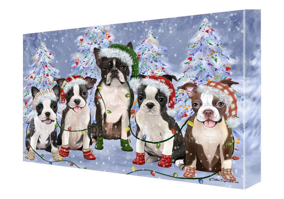 Christmas Lights and Boston Terrier Dogs Canvas Wall Art - Premium Quality Ready to Hang Room Decor Wall Art Canvas - Unique Animal Printed Digital Painting for Decoration