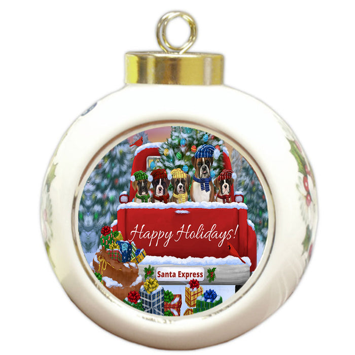 Christmas Red Truck Travlin Home for the Holidays Boxer Dogs Round Ball Christmas Ornament Pet Decorative Hanging Ornaments for Christmas X-mas Tree Decorations - 3" Round Ceramic Ornament
