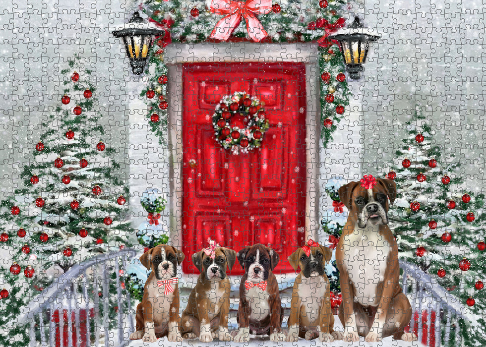 Christmas Holiday Welcome Boxer Dogs Portrait Jigsaw Puzzle for Adults Animal Interlocking Puzzle Game Unique Gift for Dog Lover's with Metal Tin Box