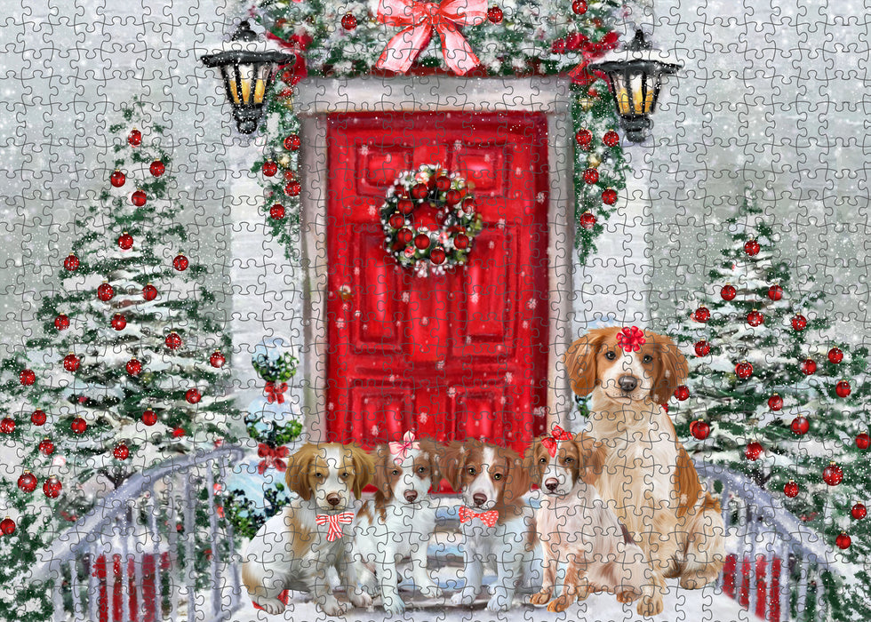 Christmas Holiday Welcome Brittany Spaniel Dogs Portrait Jigsaw Puzzle for Adults Animal Interlocking Puzzle Game Unique Gift for Dog Lover's with Metal Tin Box