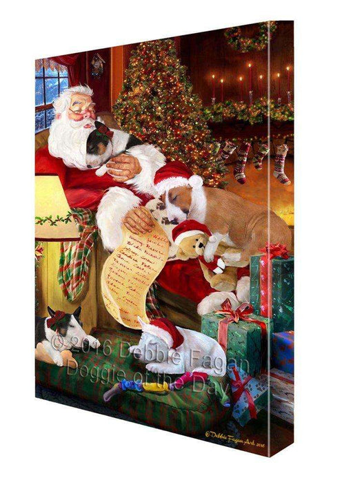 Bull Terrier Dog and Puppies Sleeping with Santa Painting Printed on Canvas Wall Art