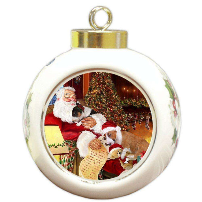 Bull Terrier Dog and Puppies Sleeping with Santa Round Ball Christmas Ornament D423
