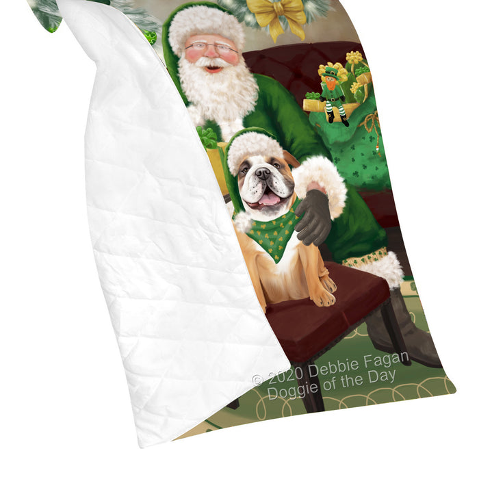 Christmas Irish Santa with Gift and Bulldog Dog Quilt Bed Coverlet Bedspread - Pets Comforter Unique One-side Animal Printing - Soft Lightweight Durable Washable Polyester Quilt