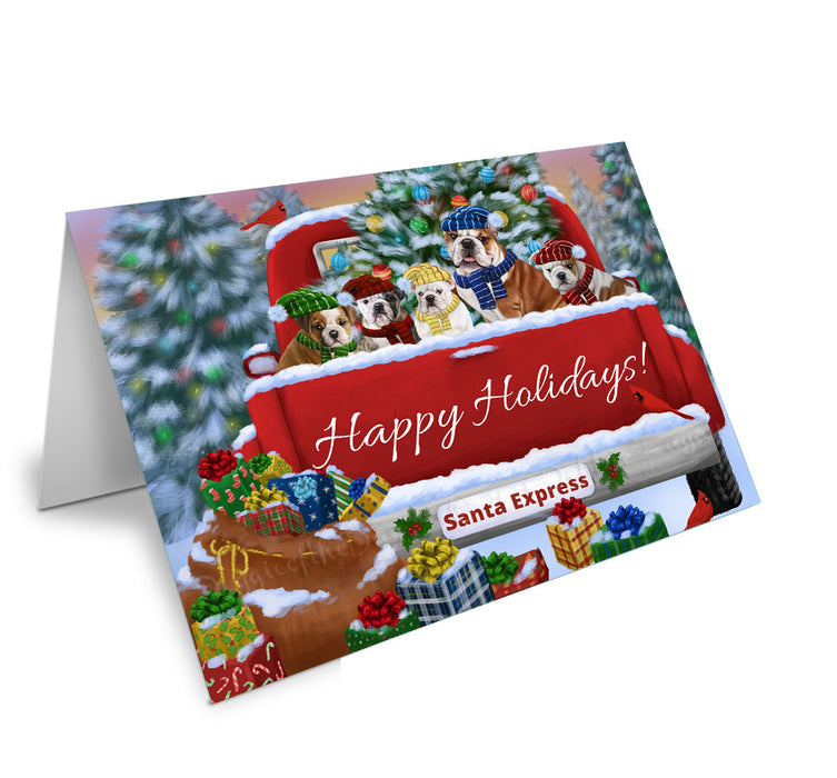 Christmas Red Truck Travlin Home for the Holidays Bulldog Handmade Artwork Assorted Pets Greeting Cards and Note Cards with Envelopes for All Occasions and Holiday Seasons