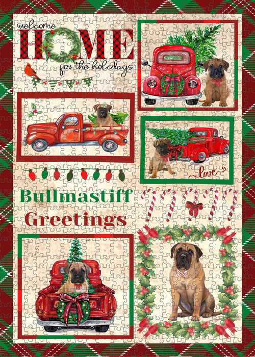 Welcome Home for Christmas Holidays Bullmastiff Dogs Portrait Jigsaw Puzzle for Adults Animal Interlocking Puzzle Game Unique Gift for Dog Lover's with Metal Tin Box