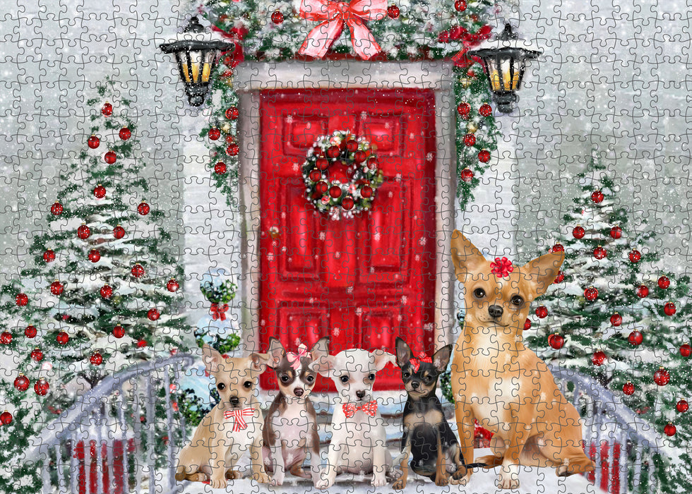 Christmas Holiday Welcome Chihuahua Dogs Portrait Jigsaw Puzzle for Adults Animal Interlocking Puzzle Game Unique Gift for Dog Lover's with Metal Tin Box