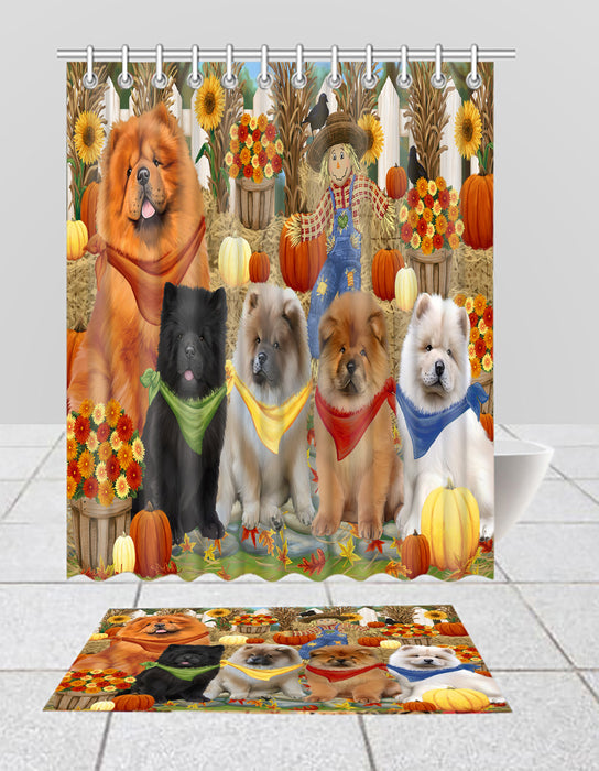 Fall Festive Harvest Time Gathering Chow Chow Dogs Bath Mat and Shower Curtain Combo