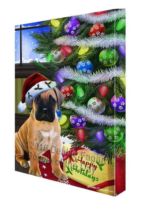 Christmas Happy Holidays Bullmastiff Dog with Tree and Presents Canvas Wall Art