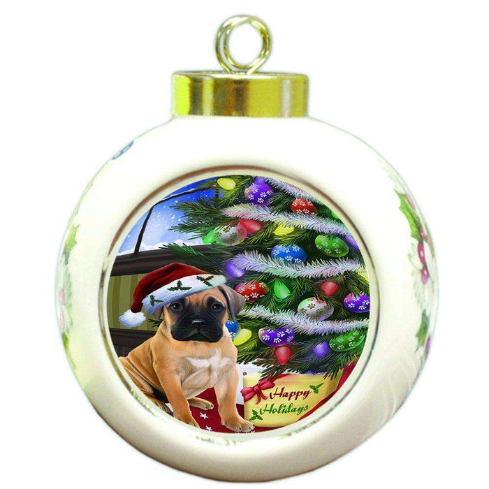 Christmas Happy Holidays Bullmastiff Dog with Tree and Presents Round Ball Ornament D045