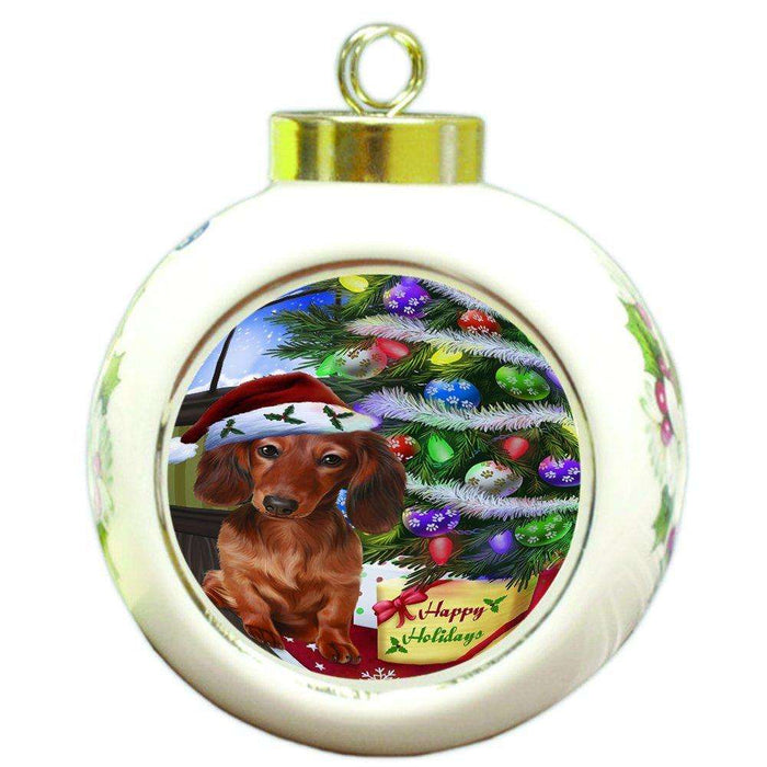 Christmas Happy Holidays Dachshunds Dog with Tree and Presents Round Ball Ornament D062