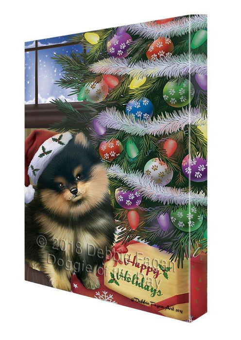Christmas Happy Holidays Pomeranian Dog with Tree and Presents Canvas Print Wall Art Décor CVS102464