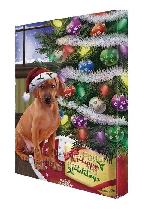 Christmas Happy Holidays Rhodesian Ridgebacks Dog with Tree and Presents Painting Printed on Canvas Wall Art