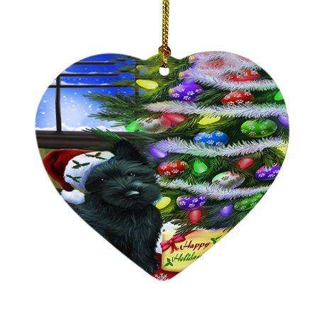 Christmas Happy Holidays Scottish Terrier Dog with Tree and Presents Heart Ornament D050