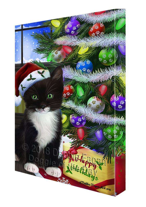 Christmas Happy Holidays Tuxedo Cat with Tree and Presents Canvas Print Wall Art Décor CVS99134