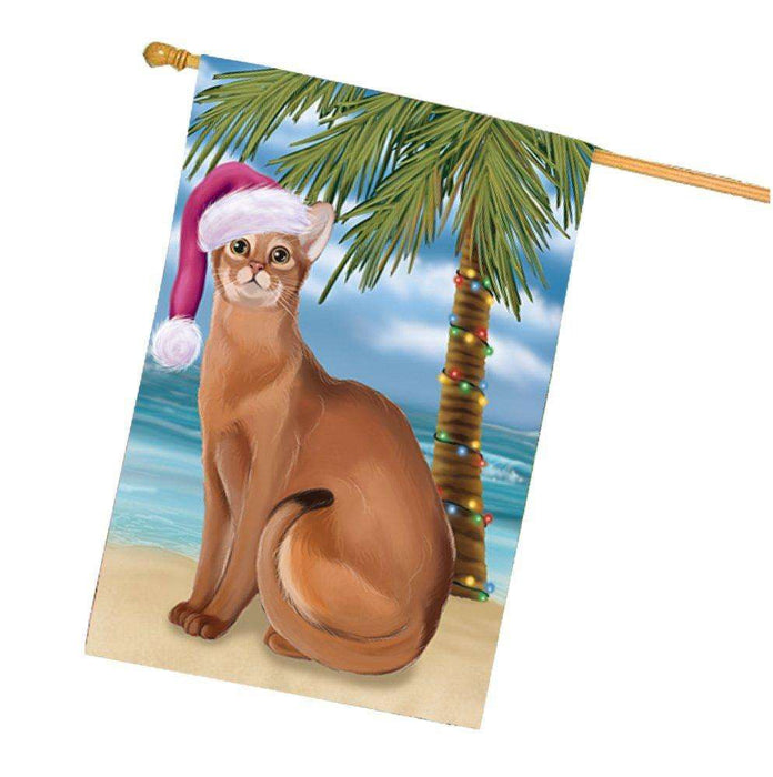 Christmas Holidays Summer Time Abyssinian Cat on Beach Wearing Santa Hat House Flag FLG142
