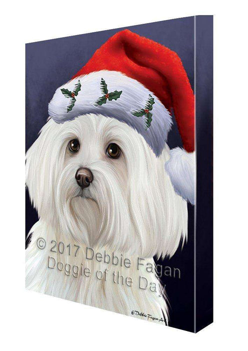 Christmas Maltese Dog Holiday Portrait with Santa Hat Canvas Wall Art