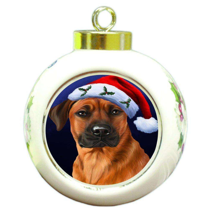 Christmas Rhodesian Ridgebacks Dog Holiday Portrait with Santa Hat Round Ball Ornament D035