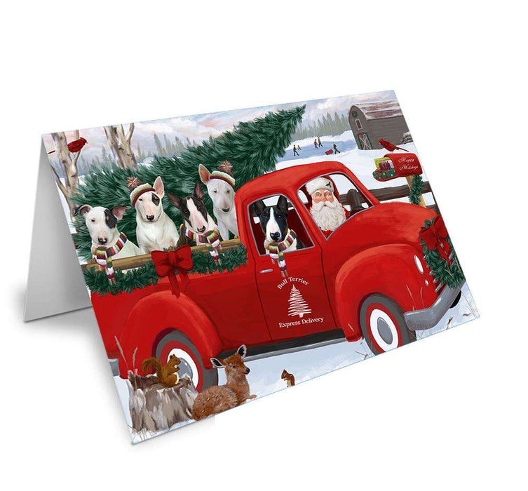 Christmas Santa Express Delivery Bull Terriers Dog Family Handmade Artwork Assorted Pets Greeting Cards and Note Cards with Envelopes for All Occasions and Holiday Seasons GCD68894
