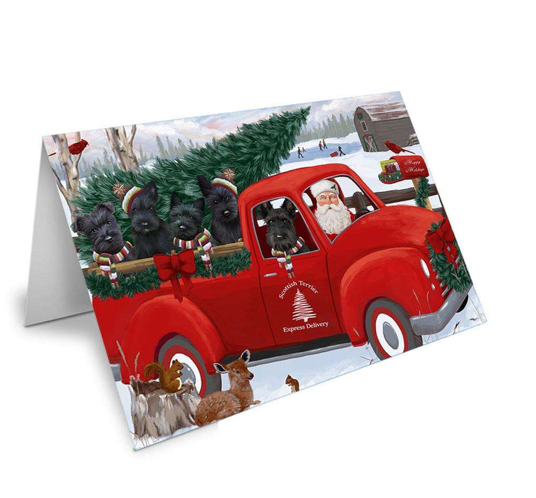 Christmas Santa Express Delivery Scottish Terriers Dog Family Handmade Artwork Assorted Pets Greeting Cards and Note Cards with Envelopes for All Occasions and Holiday Seasons GCD69026