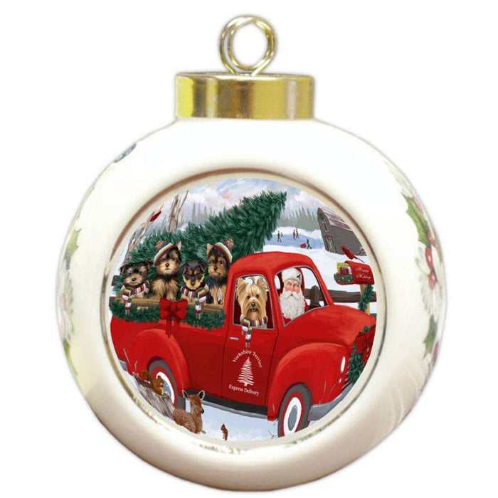 Christmas Santa Express Delivery Yorkshire Terriers Dog Family Round Ball Christmas Ornament RBPOR55210
