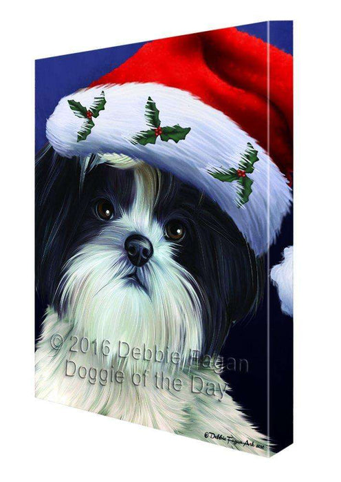 Christmas Shih Tzu Dog Holiday Portrait with Santa Hat Canvas Wall Art