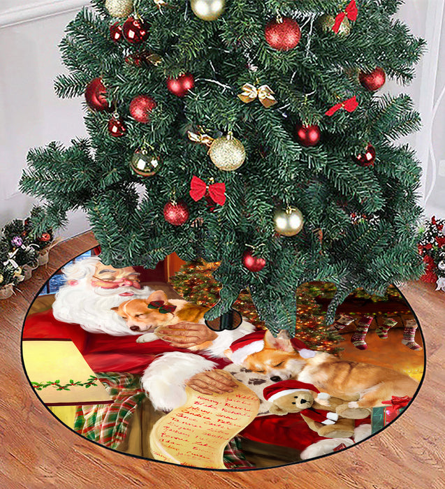 Santa Sleeping with Corgi Dogs Christmas Tree Skirt