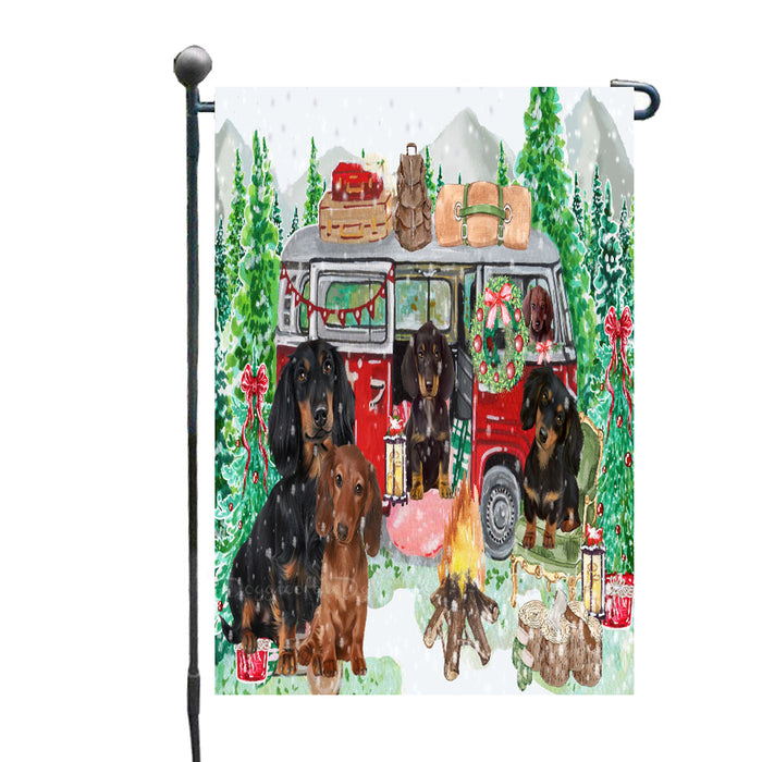 Christmas Time Camping with Dachshund Dogs Garden Flags- Outdoor Double Sided Garden Yard Porch Lawn Spring Decorative Vertical Home Flags 12 1/2"w x 18"h