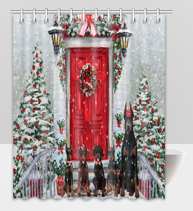Christmas Holiday Welcome Doberman Dogs Shower Curtain Pet Painting Bathtub Curtain Waterproof Polyester One-Side Printing Decor Bath Tub Curtain for Bathroom with Hooks