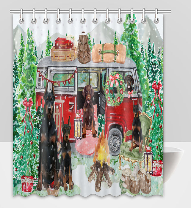 Christmas Time Camping with Doberman Dogs Shower Curtain Pet Painting Bathtub Curtain Waterproof Polyester One-Side Printing Decor Bath Tub Curtain for Bathroom with Hooks