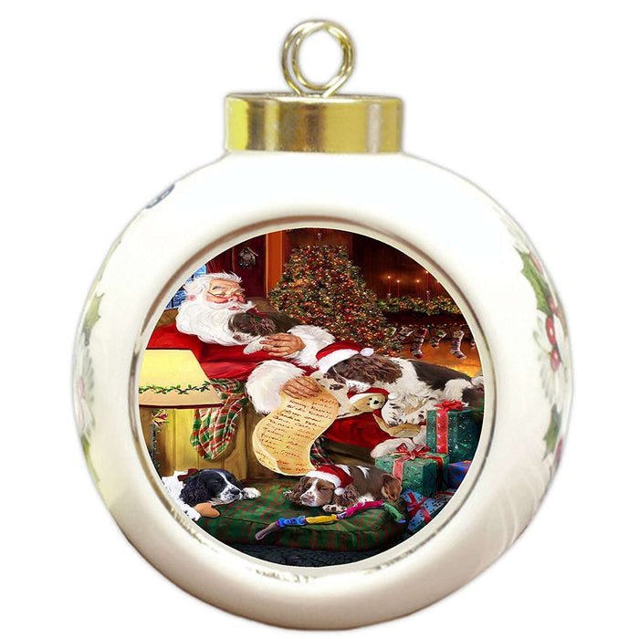 English Springer Spaniel Dog and Puppies Sleeping with Santa Round Ball Christmas Ornament