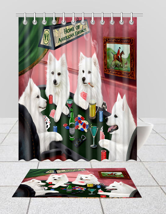 Home of  American Eskimo Dogs Playing Poker Bath Mat and Shower Curtain Combo